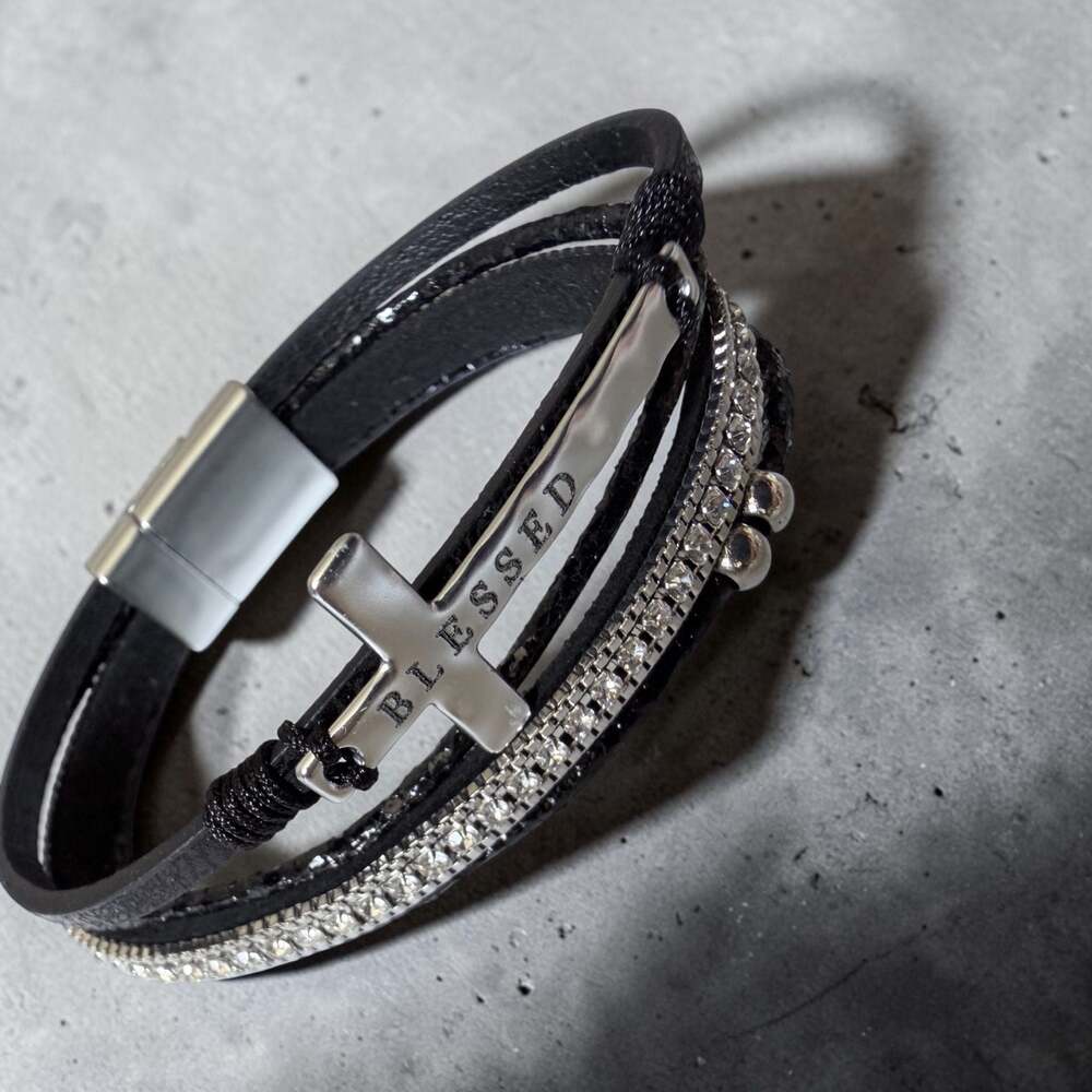 Womens Multi-Layer Blessed Cross Magnetic Wrap Bracelet - Black
